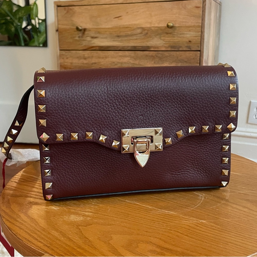 Valentino Garavani Burgundy Crossbody with Gold Studs